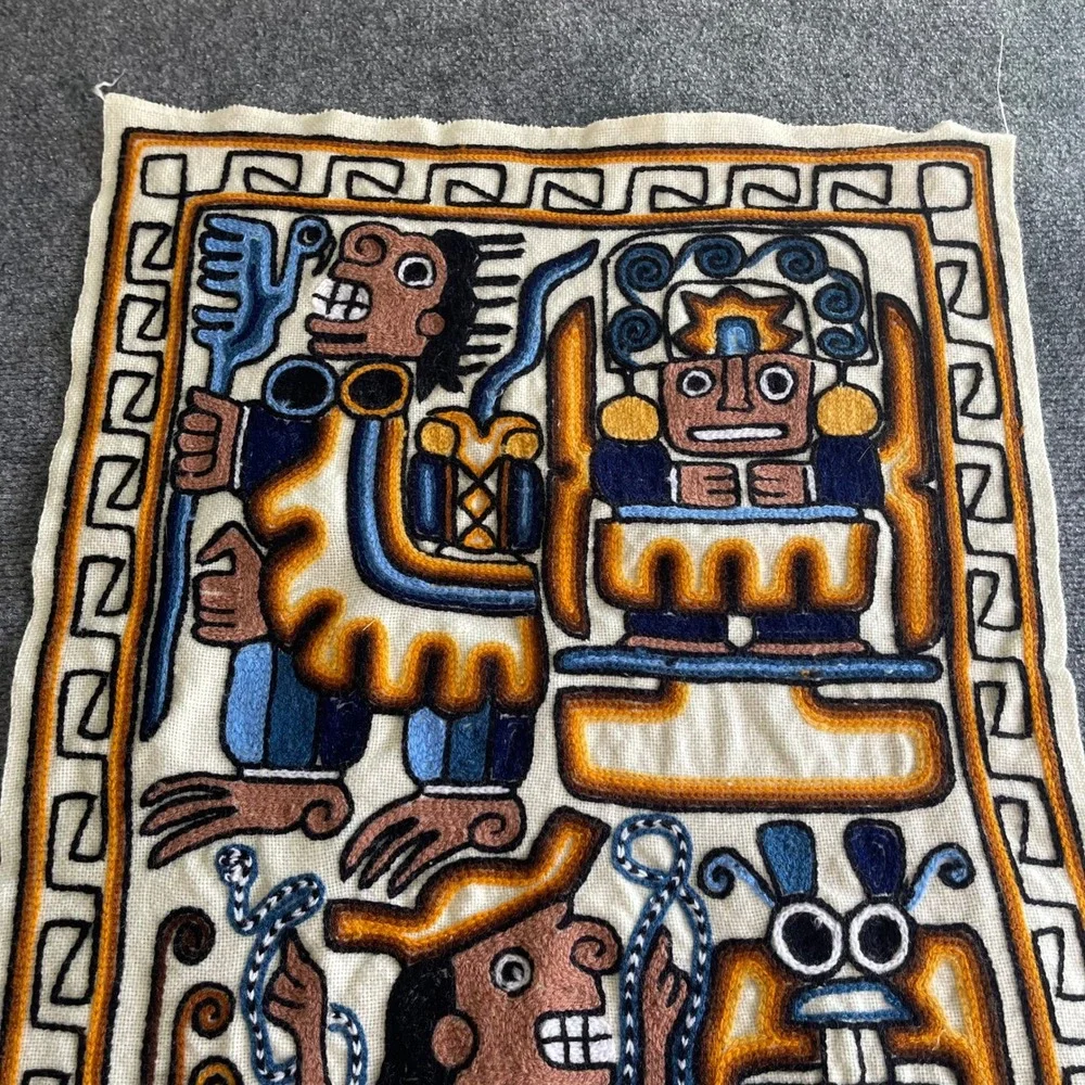 Vintage Peruvian Hand Embroidered Tapestry Incan Pre-Columbian‎ Folk Wall Art